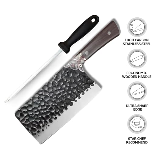 Image of Machado Forging Serbian Chef Knife Set - 12 inch Full Tang High Carbon Clad Steel Butcher Cleaver with Knife Sharpener - Perfect for Vegetables, Fish, Meat - Ideal for Kitchen, Hotel, Restaurant