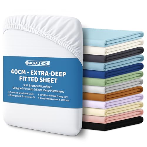 ACRALI HOME King Size Fitted Sheets Deep Fit - White Bottom Sheet for King Bed with 40cm Extra Pocket- Hotel Quality Soft Microfiber Bed Sheet - Breathable, Shrinkage and Fade Resistant