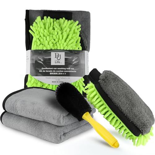 DU Life Kit Nettoyage Voiture, 4 Pièces Intérieur Extérieur, Dont 2 Serviette De Lavage De Voiture, Brosse Jantes, Gants de en Microfibres, kit Nettoyage Voitures