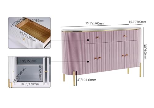 Image of Modern Console Table, 55 x 15 x 30 inch, White Ribbed Design, Marble Top, Gold Accents, 4-Door Storage Cabinet, Waterproof Plywood, PVD-Coated Legs, Elegant Entryway (Pink)