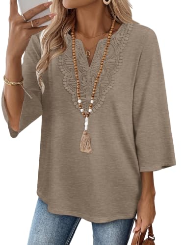 Image of WIHOLL 3 /4 Length Sleeve Womens Tops Boho V Neck Lace Shirt Trendy Blouses Dressy Casual Vacation Clothes S-3XL