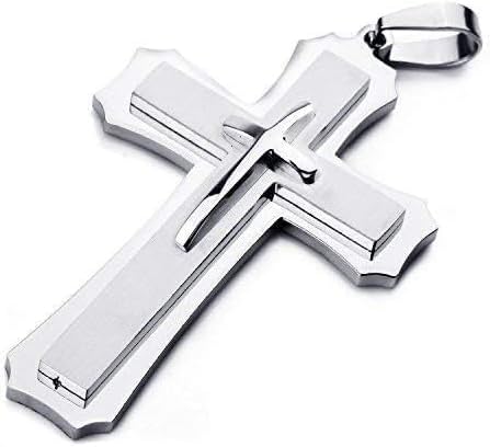 Mens Large Polished Stainless Steel Three Giant Cross Pendant Necklace Silver with 22 inch Chain