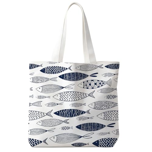 Yomisex Navy Blue Fish Nautical Tote Bag for Women Men, Lake Beach Canvas Tote Bags, Blue Fishing Lake Beach Reusable Shopping Grocery Bags