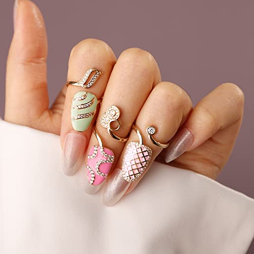 Xerling Gold Finger Nail Rings for Women Dainty Rhinestone Nail Cap Cover Ring Aesthetic for Teen Girls Decorative Fingertip Rings Zircon Crystal Rings (Type A-Green)