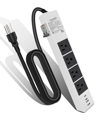 ConnecRCD GFCI Power Strip with 4 Outlets & 4 USB Ports (2 USB-C) 6FT Heavy Duty Surge Protected Extension Cord 15A/1875W Wall Mountable Outlet Extender for Garden Office Pressure Washer Lawn