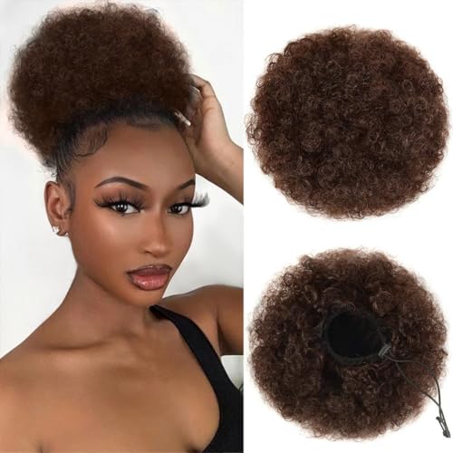 quesdom Afro Puff Ponytail Extension Synthetic Medium Brown 80 Grams Afro Puff Drawstring Clip on Kinky Curly Bun for Black Women(4 Medium Brown)