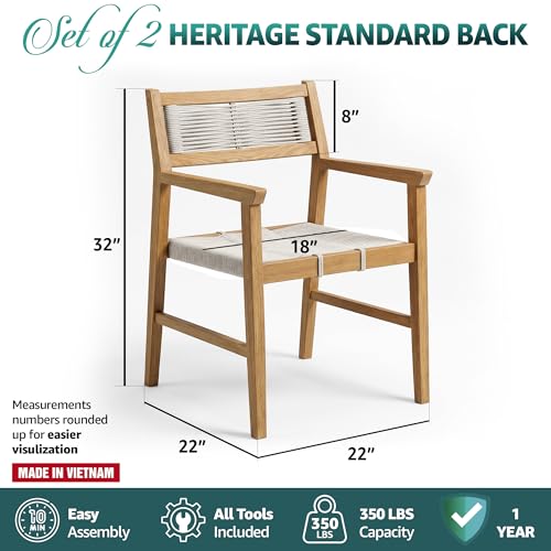 Image of Acacia Heritage Woven Rope Wood Armchair, Set of 2 - Handcrafted Outdoor Patio Dining Chairs with UV Resistant Finish - Solid Wood Boho Accent Seating for Deck, Porch & Backyard, Natural
