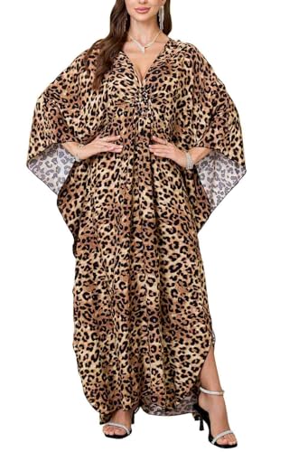 Image of Orshoy Ladies Swimsuit Bikini Cover Ups Loose Maxi Kimnono Kaftans Bohe Caftan Tunic Dresses Free Size Brown Leopard
