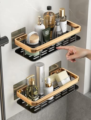 Image of EUDELE Aluminium Pack of 2, Self Adhesive Bathroom Shelf for Wall Shelf Organizer Wall Mounted Bathroom Shelves Rack Holder Stand for Bathroom Accessories Organiser Without Drill Gold Long
