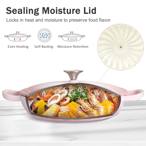 NSIRONS Enameled Cast Iron Braiser Pan,Petal-shaped Skillet with Lid,3.8 Quart Dutch Oven Pot,Shallow Dutch Oven for Cook, Oven-Safe up to 500°F, Induction-Safe, Heat-Retaining, Non-Toxic Enamel Braiser Cookware (Pink) by NSIRONS - Used condition - Image 3