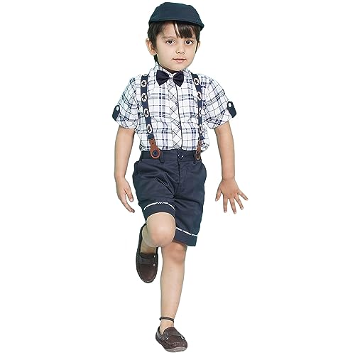 Image of AJ DEZINES Kids Cotton Blend Half Sleeve Shirt Shorts Suspender Cap Bow Tie Set For Boys