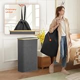 Lifewit Wąski Kosz na Pranie, Kosz na Bieliznę Brudną z Pokrywą, Laundry Basket z Bambusową Ramą, Wyjmowany Worek i Uchwyt, Do Sypialni, Łazienki, Pralni, 75L, Ciemnoszary