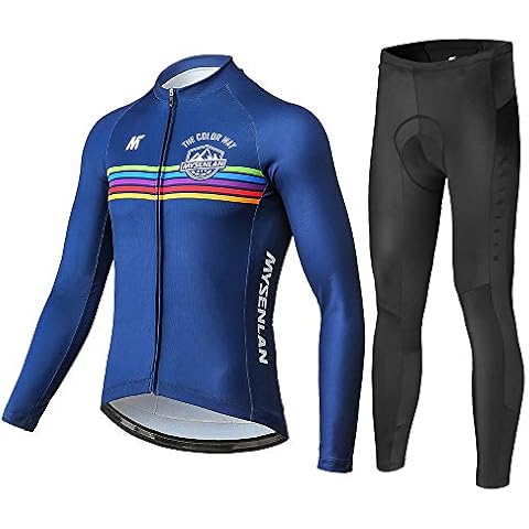 Mysenlan Men's Cycling Long Sleeve Breathable Jersey Set 3D Padded Long Pants Bike Shirt Bicycle Tights Clothing Blue M Size Cover