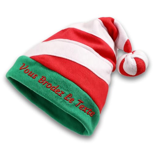 Générique Chapeau du Père Noël Personnalisé à Rayures pour Adulte et Enfant, avec Broderie de Nom ou Texte, Accessoire et Cadeau de Noël Festif (2025)