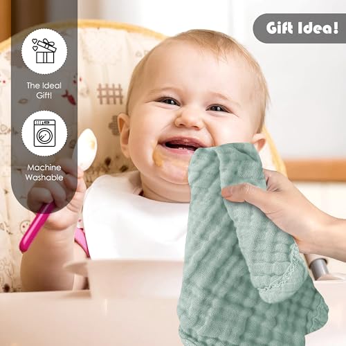 Image of Ease Cubs 12 Pack Muslin Washcloths for Baby - 100% Cotton Baby Wash Cloths for or Baby Face Body Comfy and Soft for Newborn Infants Kids Girls and Boys - 12 inchx12 inch - Green