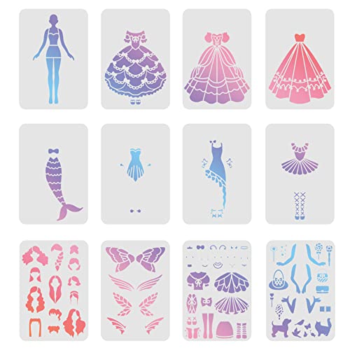 FINGERINSPIRE Lot de 12 pochoirs de Princesse pour Peinture Murale, 29,7 x 21 cm, Motif Elfe de Princesse, sirène, pochoirs rectangulaires pour Peinture sur...