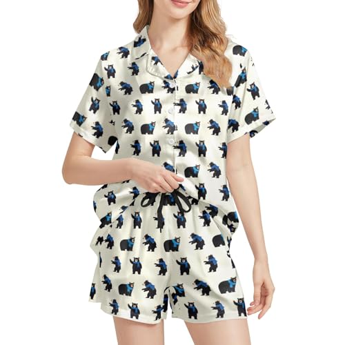 Image of Silk Satin Pajama Set for Women Summer Lounge Pjs Sets 2 Piece Suit Ladies Button Down Tops And Shorts Sleepwear