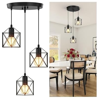 Phaosio 3 Light Pendant Light Fixtures, Dining Room Farmhouse Kitchen Island Light Fixture Chandelier, Industrial Hanging Pendant Lighting for Bedroom, Metal Cage Pendant Ceiling Lamp Black