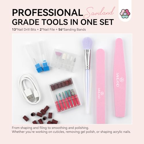 Image of SAVILAND Professional Nail Drill : 40000RPM Rechargeable Pink Nail Drill Kit Electric Filer with 6000mAh Battery for Shaping, Removing & Polishing Acrylic Nails Home Salon Manicure Pedicure Ideal Gift