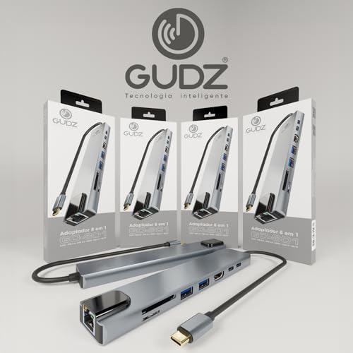 GUDZ Hub Adaptador USB Dockstation 8 em 1 HDMI 4K, RJ45, Leitor de Cartão SD, Micro SD, TF, USB 2.0,