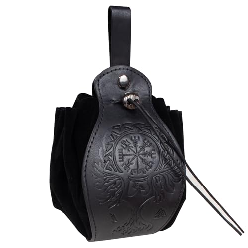 Image of Leather Belt Pouch Medieval Vintage Renaissance Viking LARP Cosplay Costumes Drawstring Coin Purse Phone Holder Waist Bag (Phoenix-Black)