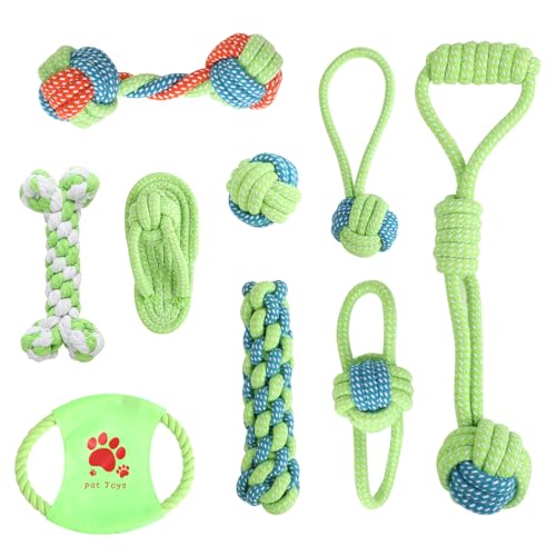 Set de 9 Jouets pour Chiens – Jouets pour Chiots en Coton – Soins Dentaires, Réduit Le Stress, Protège Les Meubles – pour Chiens Petits, Jeu et Entraînement (Vert)