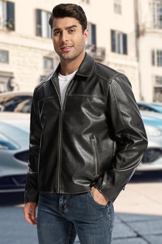 Fahsyee Leather Jacket Men Faux Lightweight Bomber Jackets Mens Motorcycle Vintage Lapel Coats with Zipper and Pockets3
