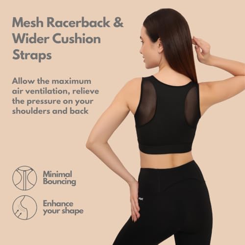 Image of GLAMORAS Women's Wirefree Full Coverage Sports Bra Medium Impact Mesh Racerback Design with Front Zip, Removable Pads Ideal for Gym, Yoga, Fitness Workouts