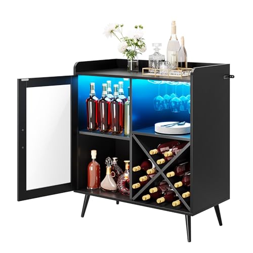 YITAHOME Kleiner Barschrank mit LED-Lichtern, Acryltür & Weinregal, Kaffeebar mit Getränkehaltern, Sideboard für Hausbar, Esszimmer, Wohnzimmer oder Küche, Schwarz
