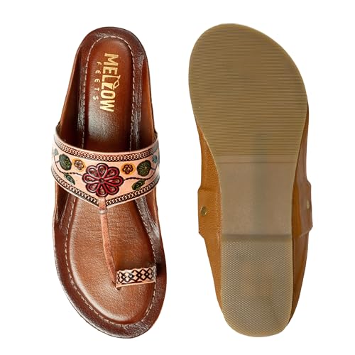 Image of Women Ladies Kolhapuri Genuine Leather Chappal Flats - Slip on Traditional Handcrafted Ethnic and Casual Toe Ring Sandals
