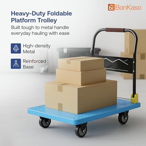 Image of BonKaso 450Kg Heavy Duty Metal Platform Trolley | Foldable Hand Truck with 4 360 Rotating TPR Wheels & Cushioned Grip | Cart for Warehouse, Office & Home (91.5 x 58.3 cm) Blue