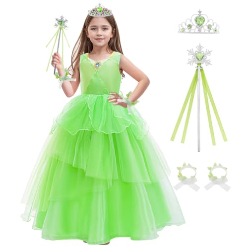 LZH Disfraz de Campanilla para niña, disfraz de hada verde, princesa, disfraz de Halloween con corona y varita
