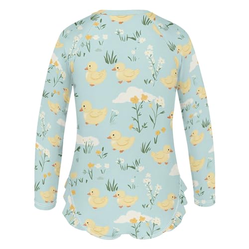 Yellow Duck Floral Girls Long Sleeve Swimsuit Rash Guard One Piece Bathing Suits Zipper 3-12T3