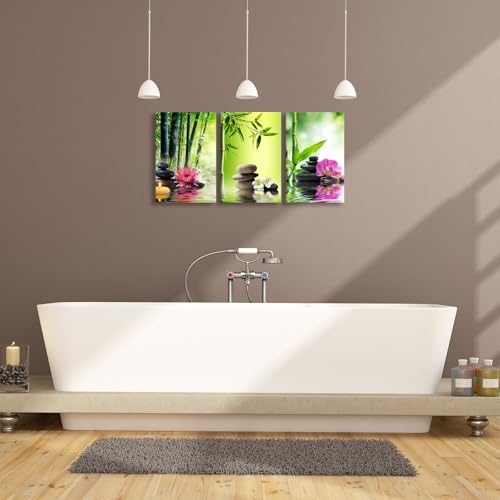 Toile murale moderne bambou vert zen pour un salon apaisant 3 pièces sans cadre