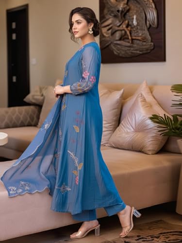 Image of GoSriKi Women's Rayon Viscose Embroidered Anarkali Kurta with Pant and Dupatta | Three Piece Ethnic Kurta Set for Women with Elegant Design