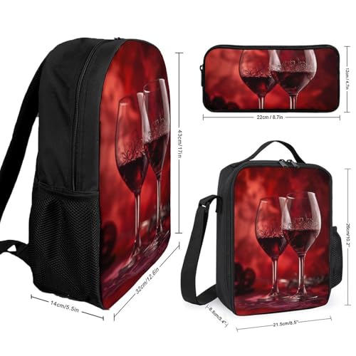 3 Piece Backpack for Women Men Lightweight Causal Daypack Shoulder Bag Set with Insulated Lunch Bag And Pencil Case Organizers Two Glasses of Wine2