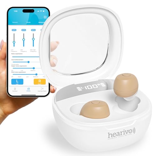 Hearivo Rechargeable Hearing Aids, Bluetooth Enabled, Noise Cancelling with App Control, 4 Sound Modes including Tinnitus Masking, Beige
