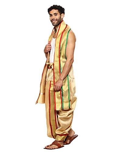 Image of Rameshwaram Fabrics Readymade Dhoti for Men, Velcro Style Stitched Mens Silk Dhoti Pant with Stole Set