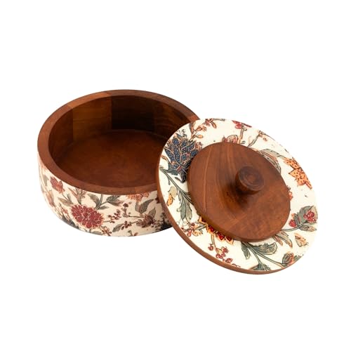 Image of Brick Brown Bela Wooden Roti Box with Lid | Solid Wood Chapati Box for Kitchen & Dining | Designer Roti Casserole /Roti Hot Pot Case | Handmade Roti Dabba Serveware | Roti Container (8x8x4.2 Inch)