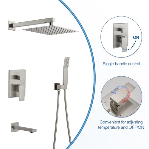 OUGOO Rainfall Shower System with Tub Spout, 10 inch Rain Shower and Handheld, Shower Faucet Set Complete Rough-in Valve and Trim Kit Included, Nickel Brushed by OUGOO - Used condition - Image 7