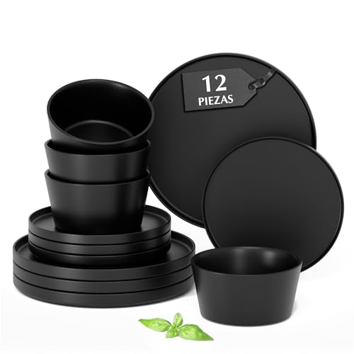 MIAMIO - Juego de vajilla para 4 / Juego de 12 piezas de gres moderno/Vajilla – Apta para lavavajillas y microondas – Colección Luxe (Negro, Vajilla (12x)) MIAMIO - Juego de vajilla para 4 / Juego de 12 piezas de gres moderno/Vajilla – Apta para lavavajillas y microondas – Colección Luxe (Negro, Vajilla (12x))