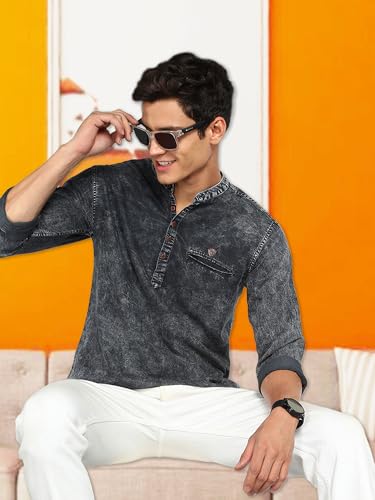 Image of Kuons Avenue Men's Denim Casual Short Kurta | Mandarin Collar | Full Sleeves | Tailored Fit- Stylish Ethnic Wear