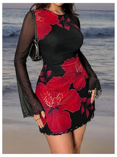 Image of MakeMeChic Women's Floral Print Long Sleeve Mini Dress Mesh Backless Y2k Going Out Dresses