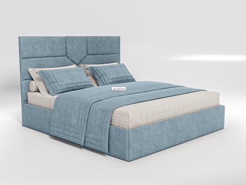 Image of Acacia Modern Upholstered King Size Bed with Box Storage for Bedroom | Wooden Double Bed with Storage | Platform Cot Bed with Upholstery Premium Fabric | 6.5 x 6 Ft | Sheesham Wood (Light Blue)