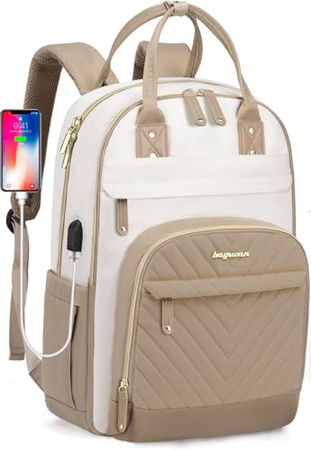 Backpack for Women Laptop Bag: Work Travel Backpacks Fits 17 inch Computer Waterproof College Bookbag with USB Charger Anti-theft Business Casual Backpack Purse for Nurse Teacher Beige Khaki