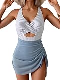 B2prity Women Mesh One Piece Swimdress Swimsuit Tummy Control V Neck Cutout Bathing Suit Wrap Drawstring Sarong Swimwear
