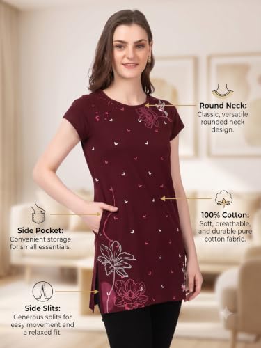 Image of Women Printed Cotton Tshirt with Side Slits & Pocket