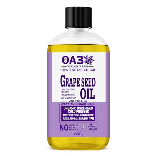 OA3 Grapeseed Oil 500ml – Pure, Natural, Vegan & GMO-Free – Ideal Carrier Oil and Moisturizer for Hair, Skin, Face & Nails