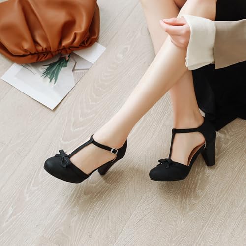 Image of Elbslutt Women's Cute Retro Rockabilly Shoes T Strap Mary Janes Heels Chunky Cosplay Shoes Sweet Block Heeled Bow Pumps