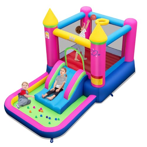 BOUNTECH Inflatable Bounce House with Ball Pit, Princess Bouncy House for Kids Indoor Outdoor w/Large Jumping Area, Basketball Hoop, Pink Bounce House for Girls Aged 3-12 Backyard Birthday Party Gifts